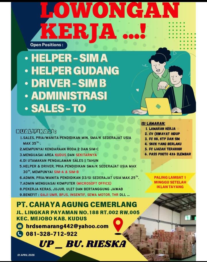 📢 Info LOKER - PT. Cahaya Agung Cemerlang