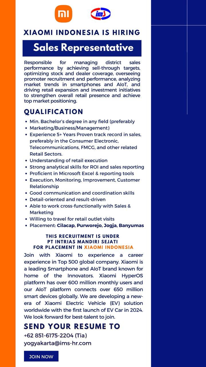 📢 INFO KARIR - Xiaomi Indonesia - Sales Representative